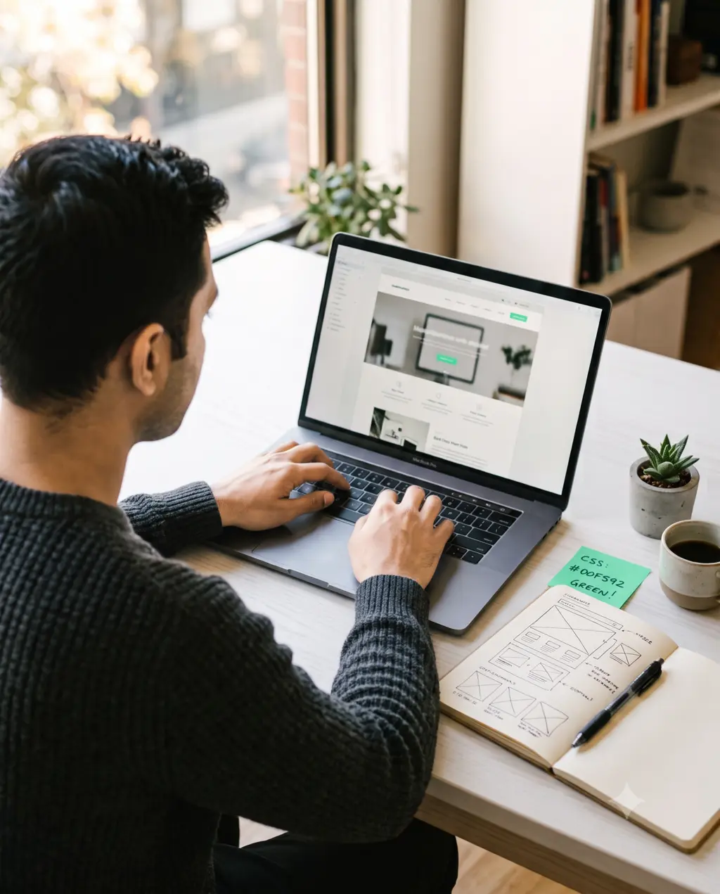 The founder working on a client website at a minimal desk